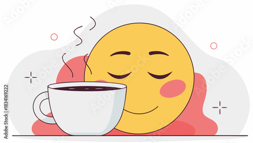 A cheerful yellow smiley face savoring a warm cup of coffee, radiating feelings of comfort and contentment.