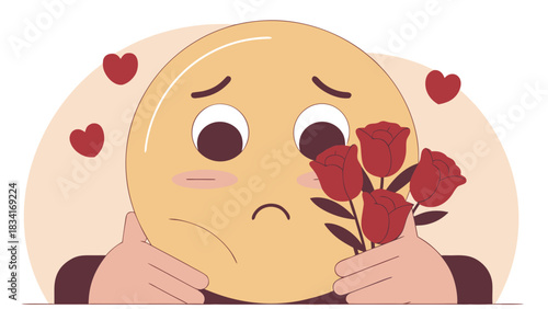 A sad emoji with big eyes holding red roses, surrounded by heart motifs, expressing love yet feeling disappointed.