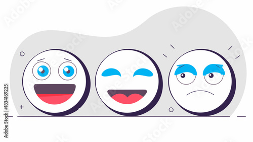 Three cartoon emotion faces displaying happiness and sadness in a playful, colorful style.