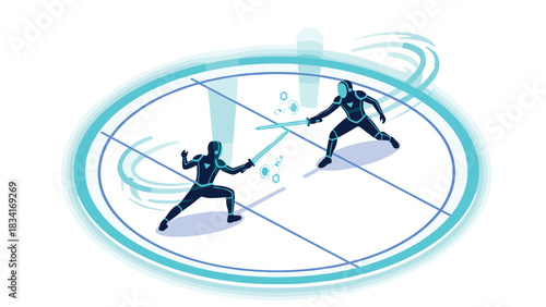 Futuristic fencing battle with digital effect in modern isometric style