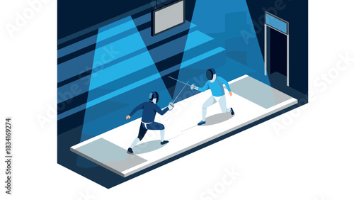 Dynamic fencing duel with isometric perspective in modern arena setting