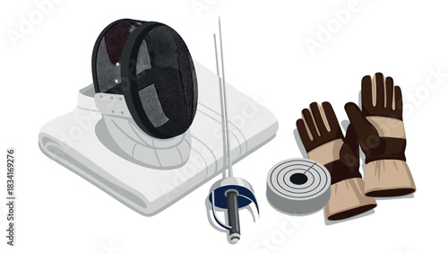 Fencing equipment set with mask, sword, gloves, and jacket in flat design