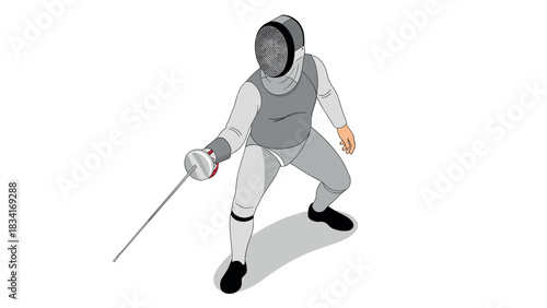 Isometric fencer in action with sword and full gear