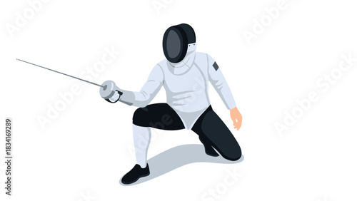 Fencer in action: dynamic pose with sword and protective gear