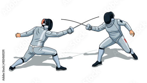 Dynamic fencing duel: two fencers in action with swords crossing