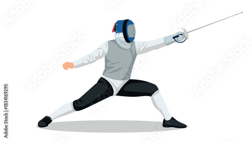 Dynamic fencer in action with sword and protective gear on white background