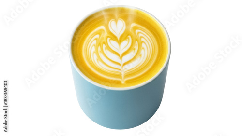 Latte art in a blue cup isolated PNG on transparent background, coffee drink with heart and leaf pattern for cafe menu