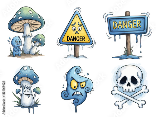 Cartoon Danger Symbols and Fungi Icons for Warning and Safety Designs