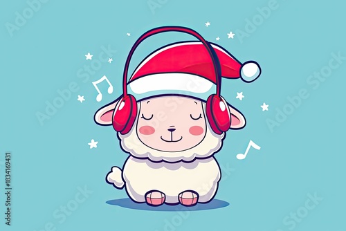 Santa hat llama with headphones, fun concept for Christmas visuals, design materials, and music ads