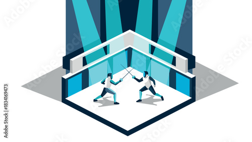 Isometric fencing match in modern blue toned stadium