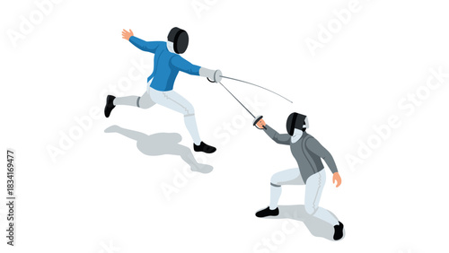Dynamic fencing duel: two athletes in action with swords and protective gear