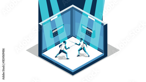 Futuristic fencing match in isometric arena with digital scoreboard