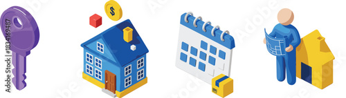 Real estate planning icons vector illustration set with house key calendar homeowner and property management concepts