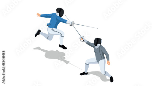 Competitive fencing battle in dynamic isometric style