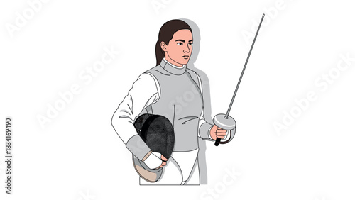 Fencing athlete holding sabre and mask in modern minimalist art style