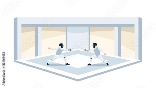 Dynamic fencing match in modern indoor arena with two athletes