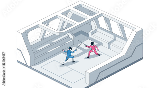 Futuristic fencing duel in geometric arena with isometric design