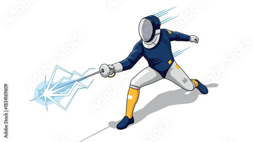 Dynamic fencing athlete in mid-strike with energy trail and motion lines