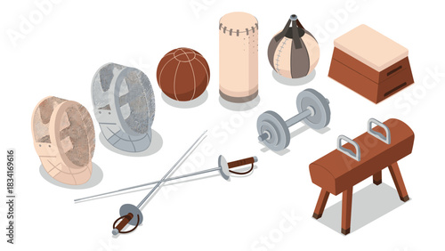 Isometric collection of vintage sports equipment with fencing masks and gymnastics gear