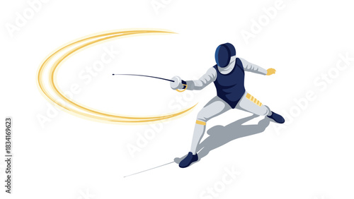 Dynamic fencer in action with sword swing effect on white background