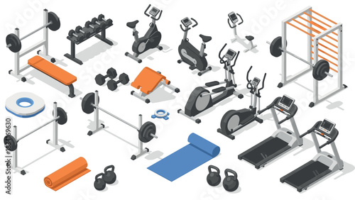 Isometric gym equipment set with treadmills, weights, and exercise bikes