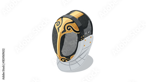 Isometric fencing mask with ornate gold detailing on white background
