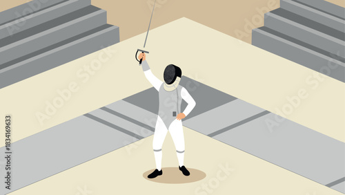 Isometric fencing champion celebrating victory on podium