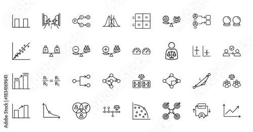 Business and statistical analysis line icon set. Vector pictograms of charts, scales, data flow, and comparative studies, thin outline illustration.