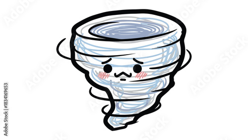 Cute Tornado Illustration: An adorable illustration of a tornado, personified with a sweet, shy expression, swirls playfully. It's a whimsical representation of nature's power.