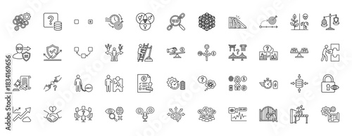 Business and strategy line icon set. Vector pictograms of problem solving, analysis, risk management, security, and project planning, thin outline illustration.
