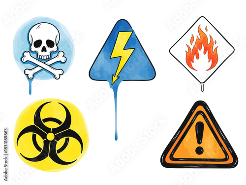 Collection of warning signs and symbols illustrating hazardous conditions and safety precautions