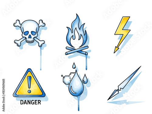Set of danger and warning icons including skull, fire, lightning, and hazard sign