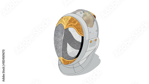 Elegant fencing helmet with ornate details on white background