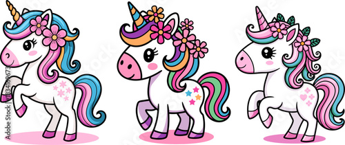 Cute Cartoon Unicorns with Flowers - Fantasy Graphic Design Elements