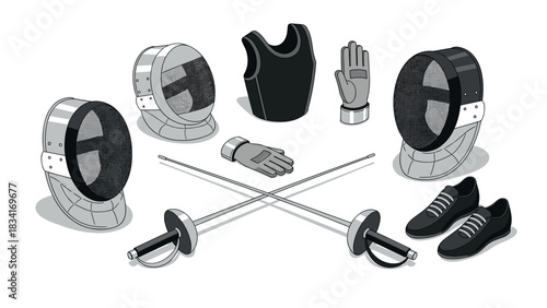 Fencing gear essentials: masks, swords, gloves, and shoes in flat design