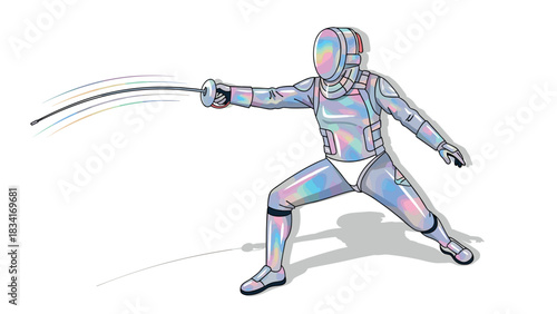 Futuristic holographic fencer in dynamic lunge pose