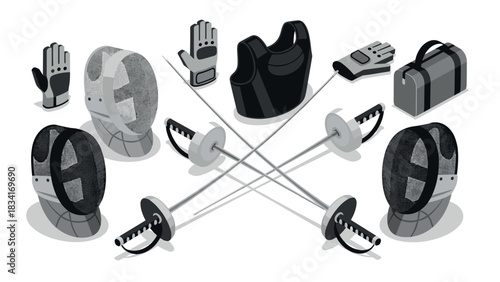 Fencing equipment set with masks, gloves, and sabers in monochrome style