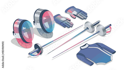 Isometric fencing equipment set: masks, foils, gloves, and protective gear