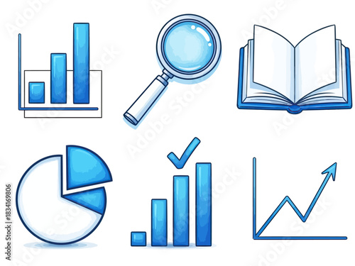 Collection of Blue Icons Representing Data Analysis, Statistics, and Research Concepts