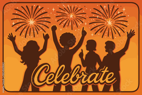 Retro Fireworks Celebration. Silhouettes celebrating under fireworks. 70s poster vibe, warm vibrant gradient,
