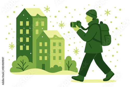 Snowy City Serenity. Winter city stroll. Photographer frames buildings dusted with snow, tiny snowflakes and