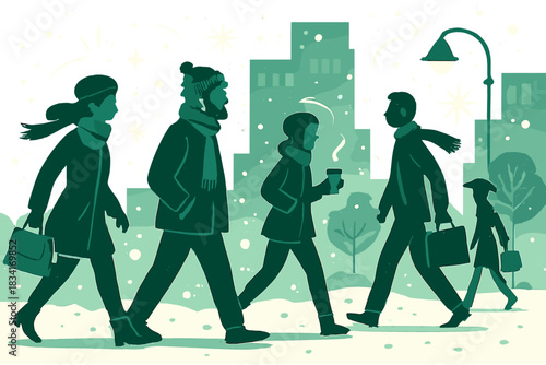 Bustling Snowy Streetscape. Snowy urban scene. Photographer freezes motion of passersby and snowflakes, tiny