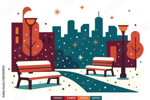 Winter City Scene. Frozen city moment. Street photography with snow-covered benches and lamp posts, tiny