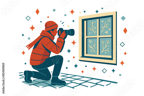 Frosty Morning Photography. Winter morning capture. Photographer on cobblestone street photographing