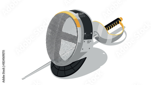 Modern fencing helmet and sword in flat design with shadow