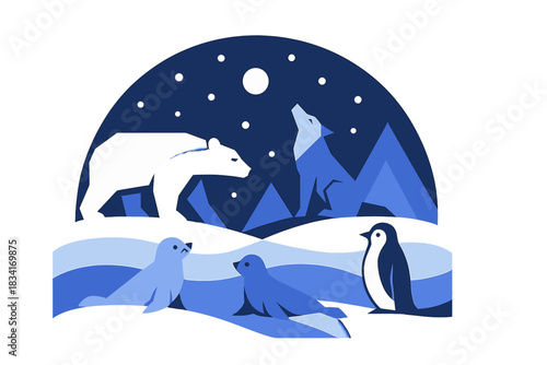 Arctic Night Wildlife. Arctic Night Wildlife. Flat minimalist vector illustration of Arctic Night Wildlife.
