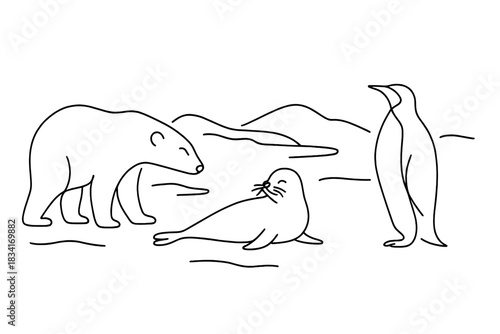 Minimalist Arctic Animals. Frozen wildlife set. Minimalistic one-line drawing polar bear, seal, and penguin