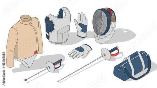 Fencing equipment collection: detailed isometric gear for enthusiasts and professionals