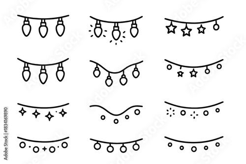 Holiday Lights Icons. Holiday string lights. Line outline icon set of Holiday string lights: light bulb, cord