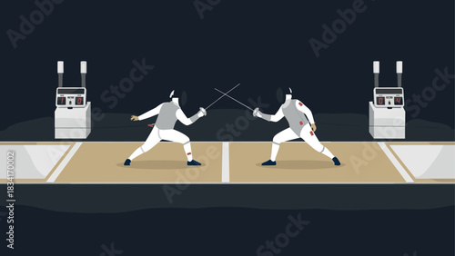Competitive fencing duel in modern arena with athletes in protective gear